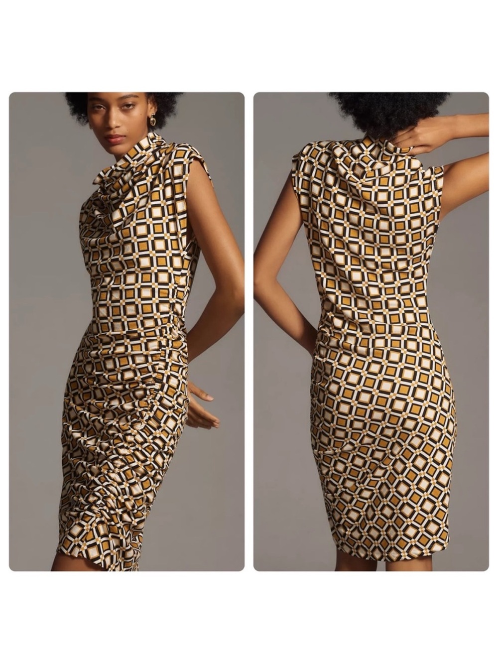 ANTHROPOLOGIE Maya Geometric Print Ruched Cowl Neck Sleeveless Sheath Dress XXSP